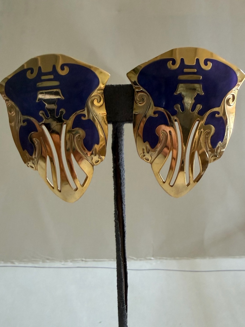 Gold Tone & Purple Enamel Oversized Shield Form Edgar Berebi Earrings